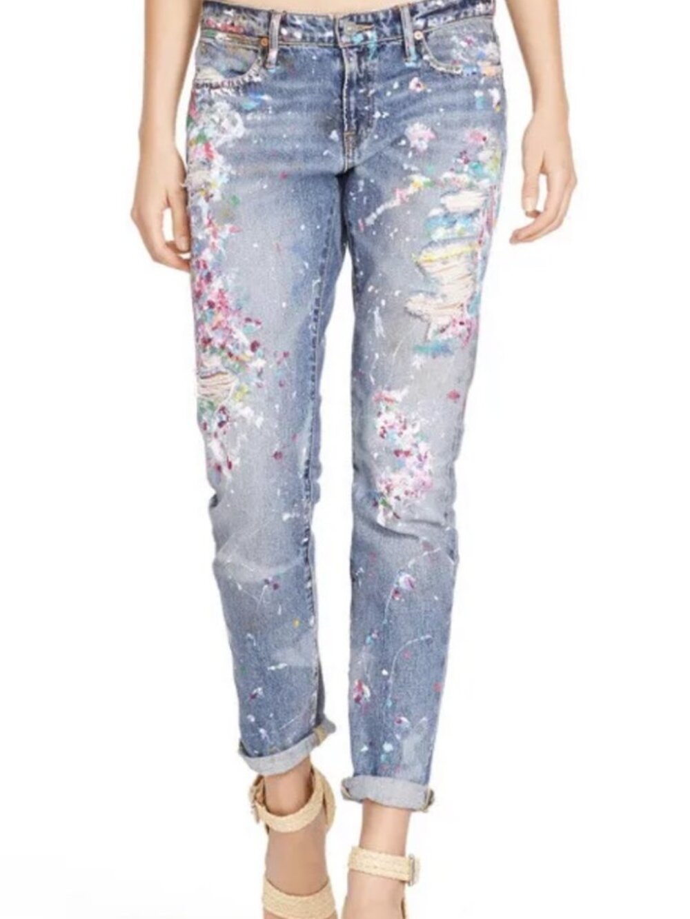 Polo Ralph Lauren Womens 27 Blue Distressed Paint Splatter Astor Boyfriend Jeans